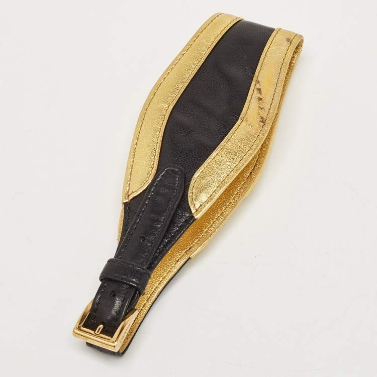 Pre Owned Prada Gold/Black Striped Leather Flat Zip Crossbody Bag