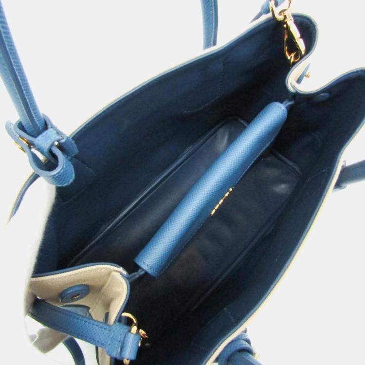 Pre Owned Prada Beige/Blue Saffiano Canvas Shoulder Bag