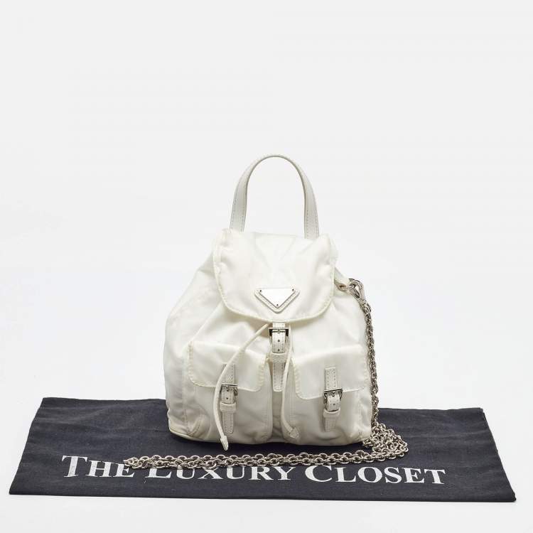 Pre Owned Prada White Nylon Logo Mini Vela Drawstring Convertible Backpack