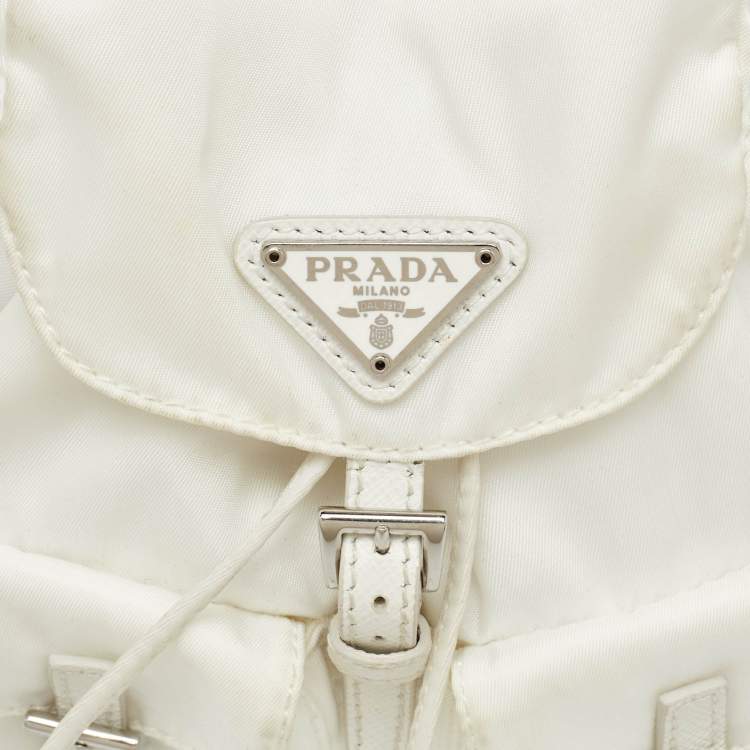 Pre Owned Prada White Nylon Logo Mini Vela Drawstring Convertible Backpack