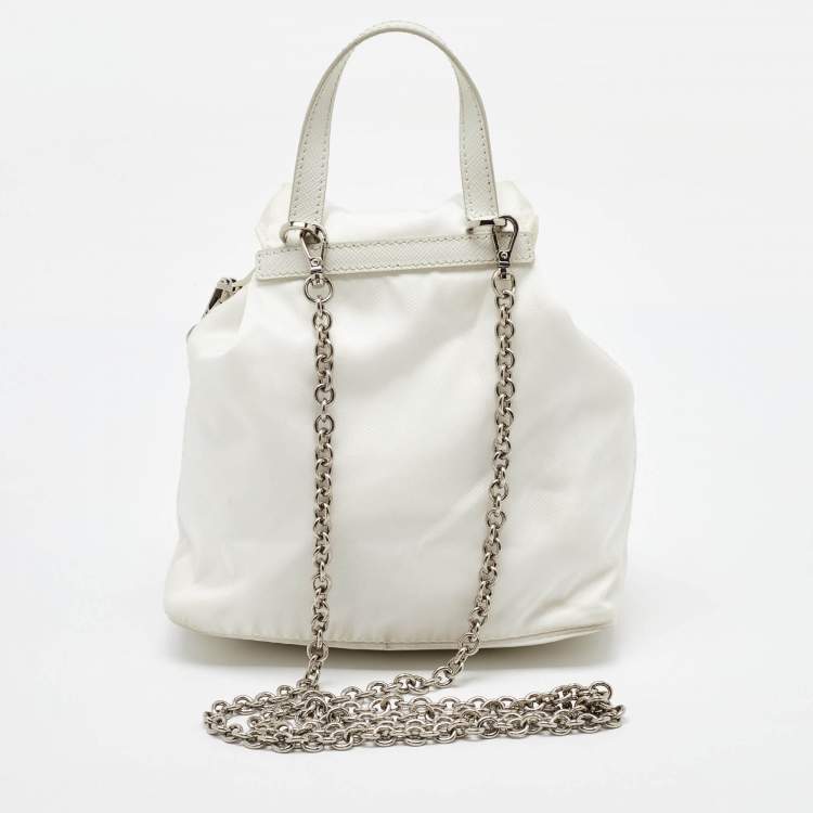 Pre Owned Prada White Nylon Logo Mini Vela Drawstring Convertible Backpack