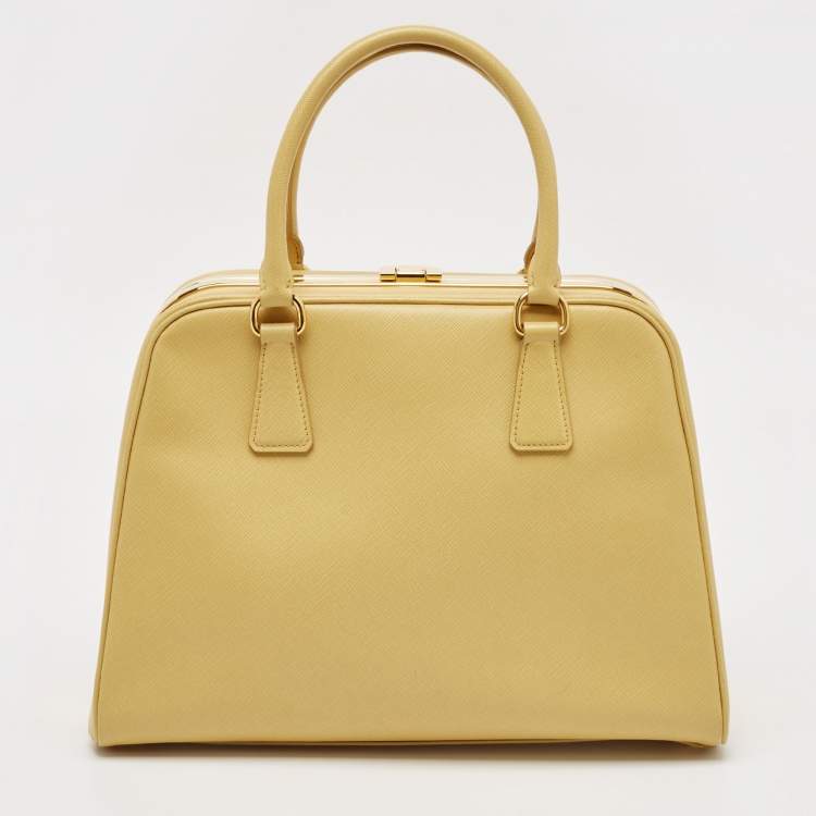 Pre Owned Prada Yellow Saffiano Lux Leather Pyramid Frame Satchel