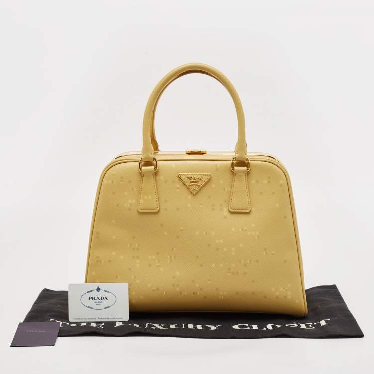 Pre Owned Prada Yellow Saffiano Lux Leather Pyramid Frame Satchel