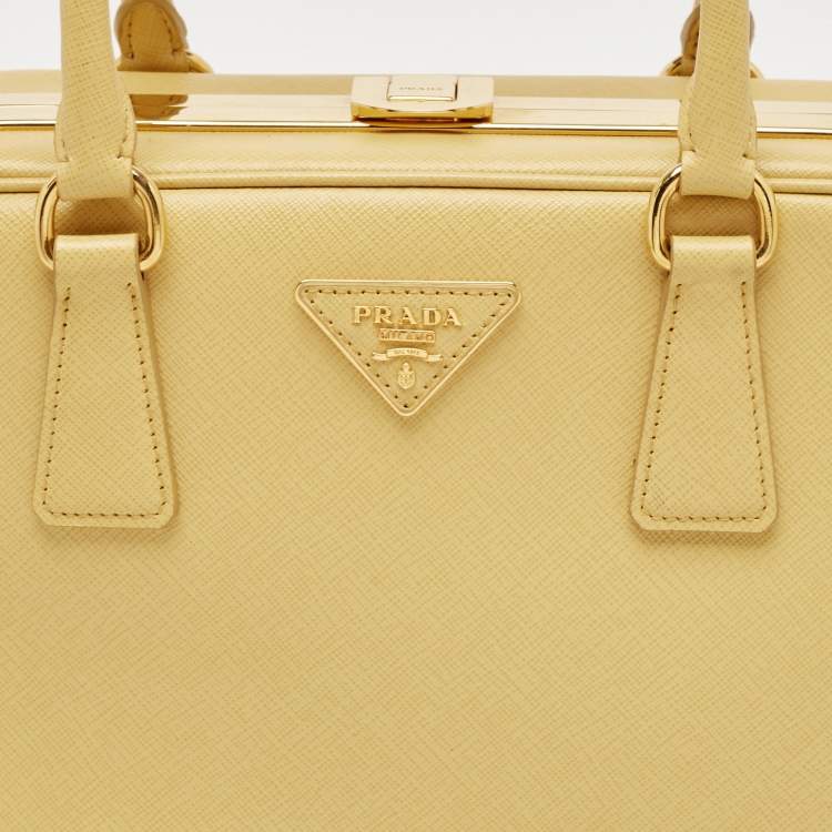 Pre Owned Prada Yellow Saffiano Lux Leather Pyramid Frame Satchel