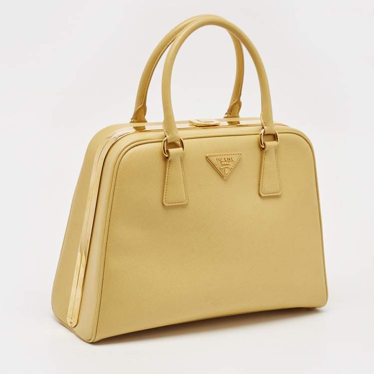 Pre Owned Prada Yellow Saffiano Lux Leather Pyramid Frame Satchel