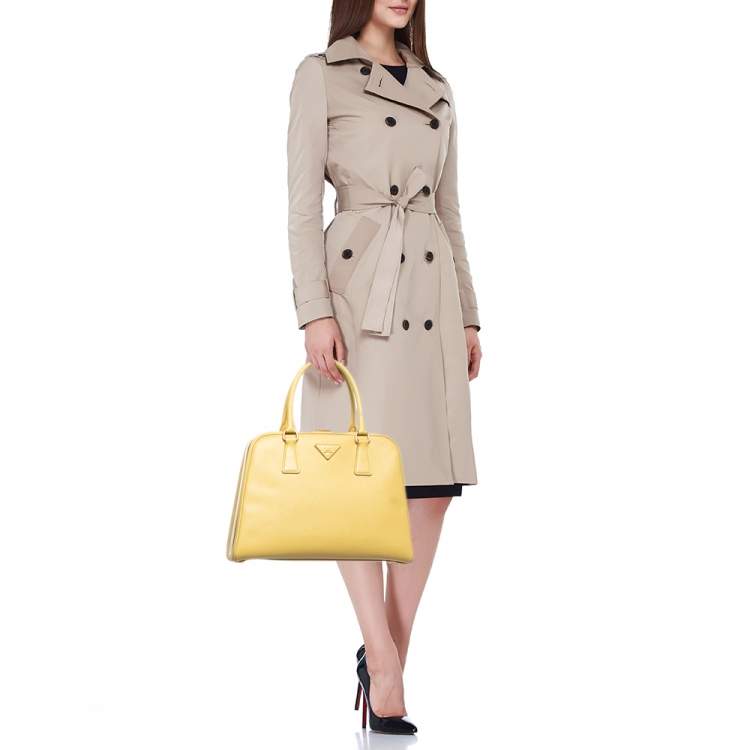 Pre Owned Prada Yellow Saffiano Lux Leather Pyramid Frame Satchel