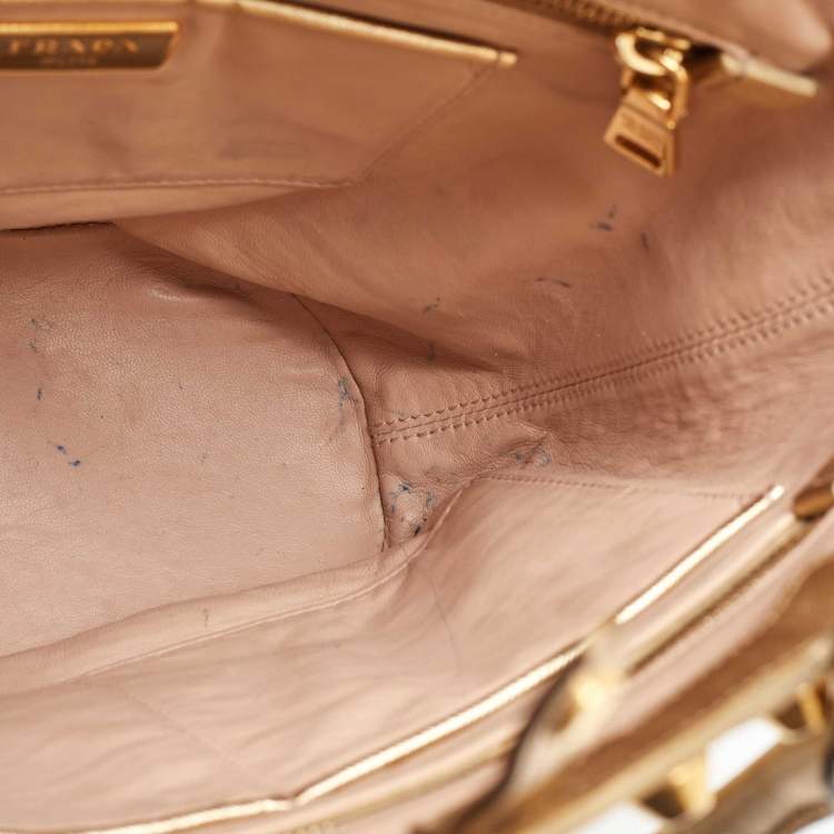Pre Owned Prada Metallic Gold Saffiano Vernice Leather Studded Satchel