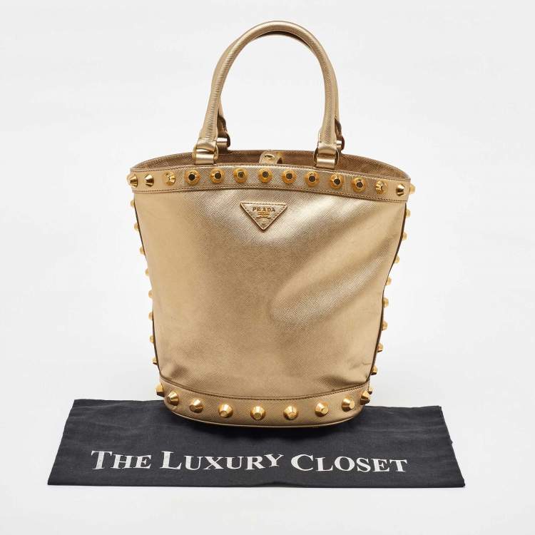 Pre Owned Prada Metallic Gold Saffiano Vernice Leather Studded Satchel