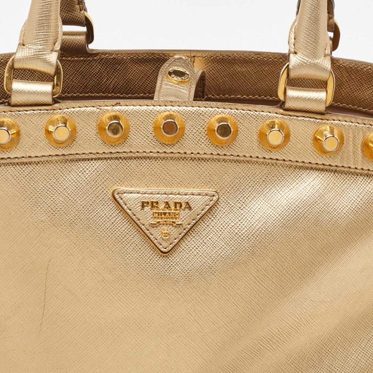Pre Owned Prada Metallic Gold Saffiano Vernice Leather Studded Satchel