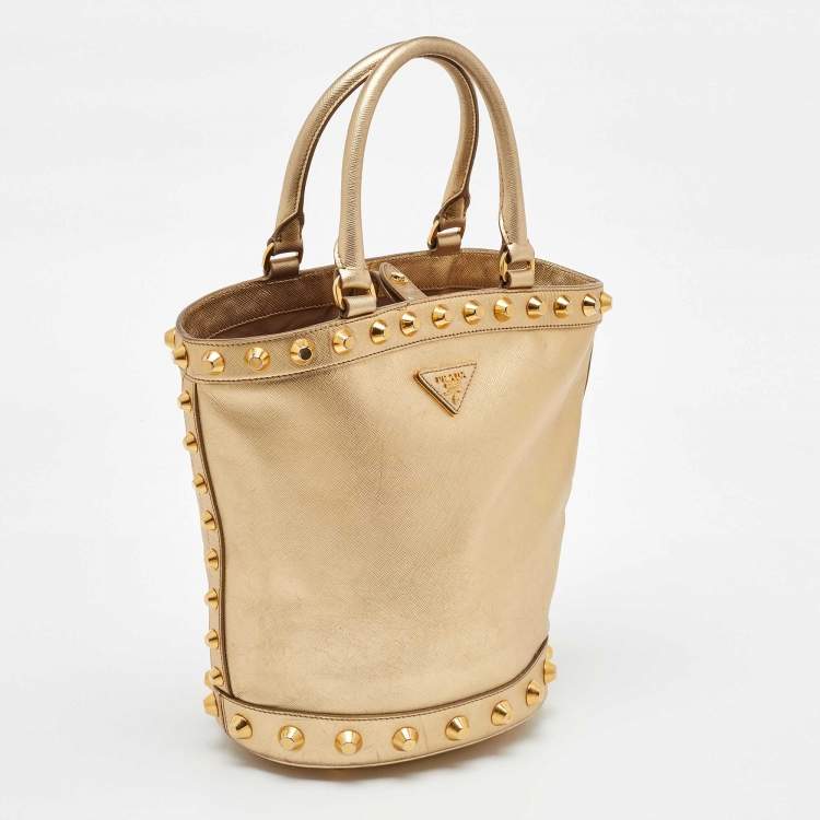 Pre Owned Prada Metallic Gold Saffiano Vernice Leather Studded Satchel