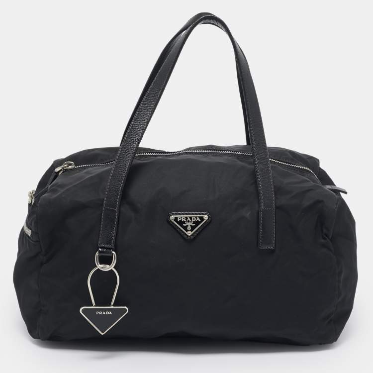 Pre Owned Prada Black Saffiano Leather and Nylon Triangle Logo Duffel Bag