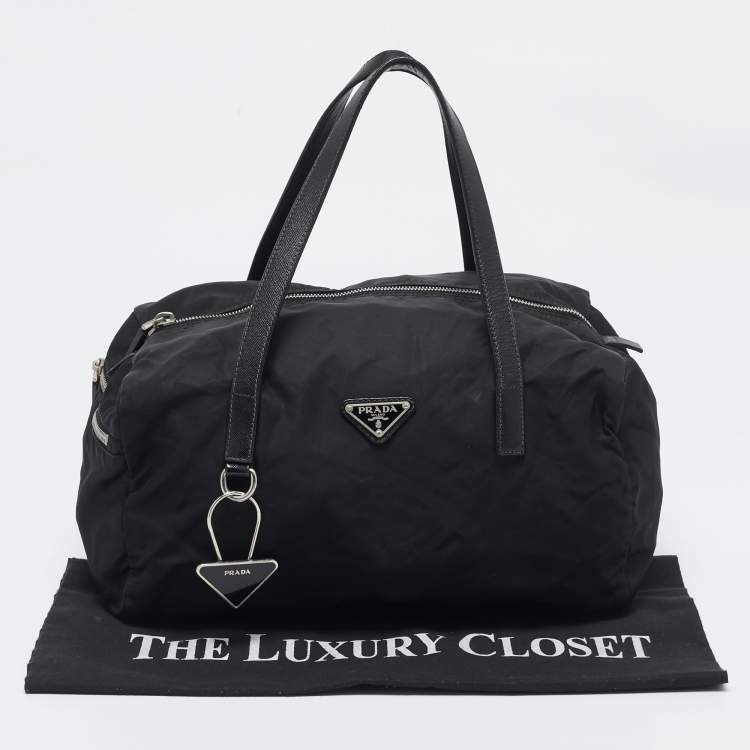 Pre Owned Prada Black Saffiano Leather and Nylon Triangle Logo Duffel Bag