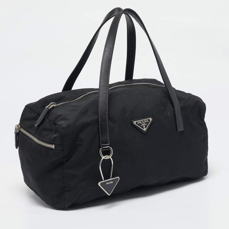 Pre Owned Prada Black Saffiano Leather and Nylon Triangle Logo Duffel Bag