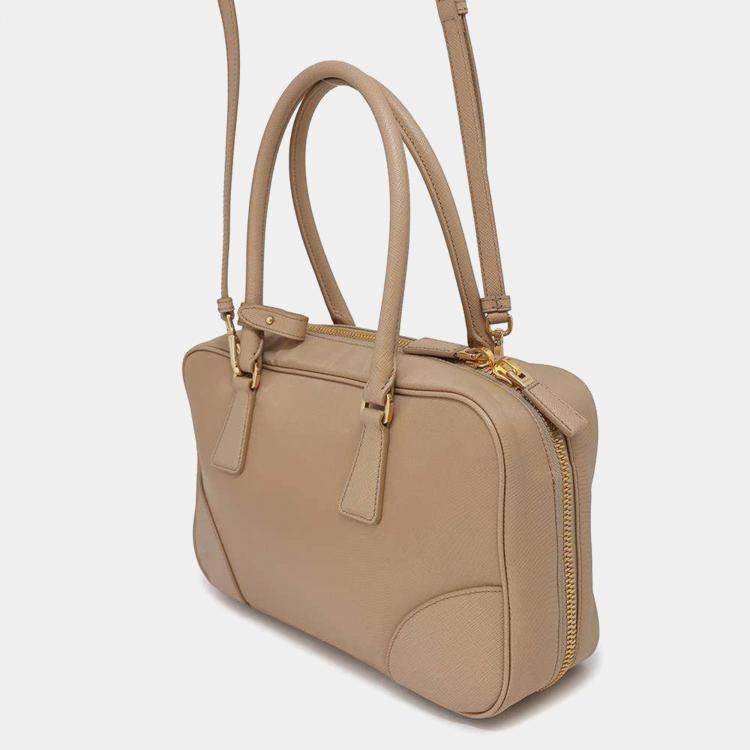 Pre Owned Prada Beige Saffiano Leather Re-Edition 1978 Medium Double Handle Bag
