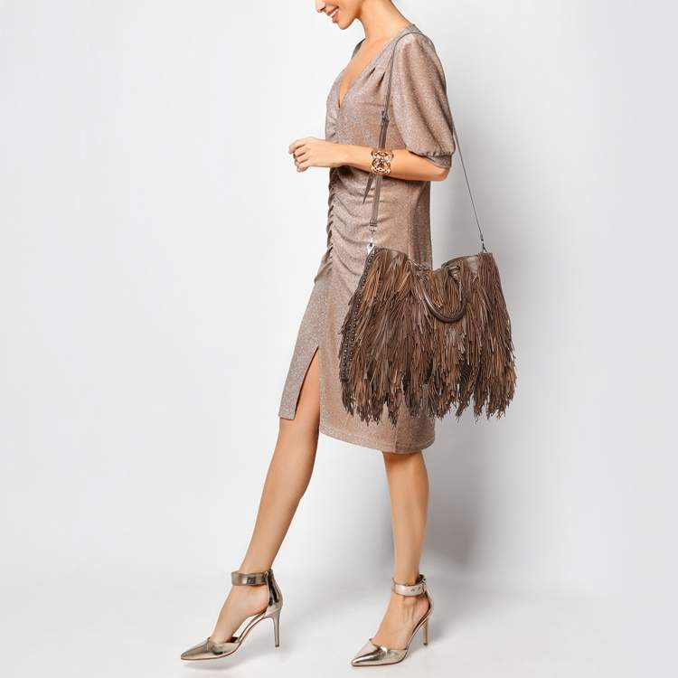 Pre Owned Prada Brown Leather Fringes Tote