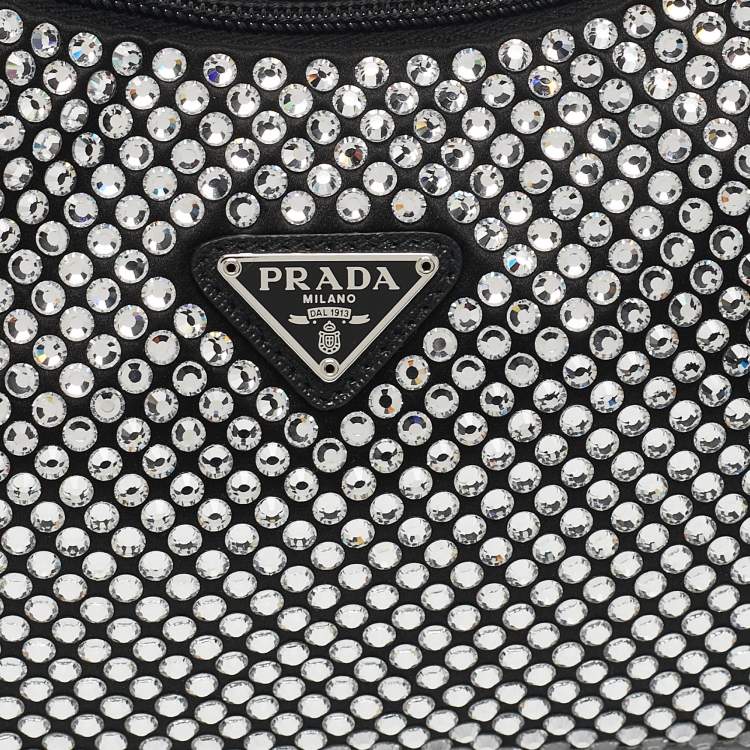 Pre Owned Prada Black Satin and Crystals Re-Edition 2000 Bag