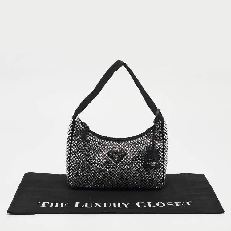 Pre Owned Prada Black Satin and Crystals Re-Edition 2000 Bag