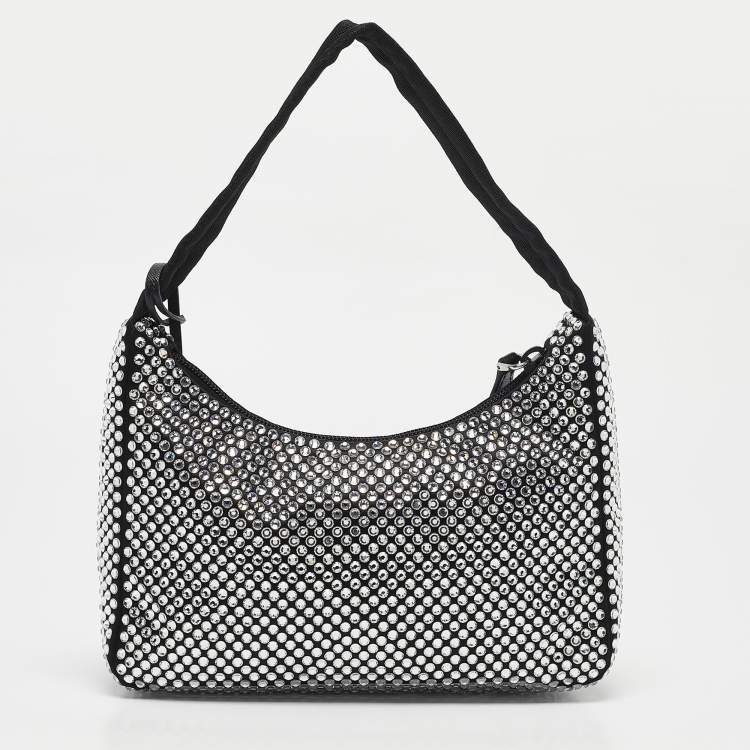 Pre Owned Prada Black Satin and Crystals Re-Edition 2000 Bag