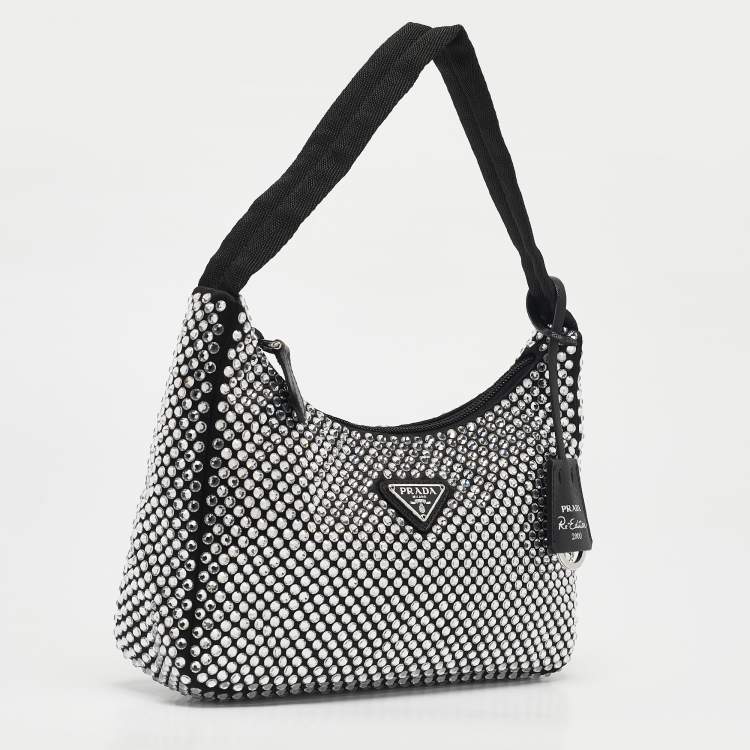 Pre Owned Prada Black Satin and Crystals Re-Edition 2000 Bag
