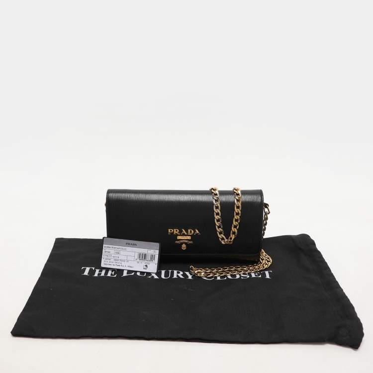 Pre Owned Prada Black Saffiano Move Leather Chain Wallet On Chain