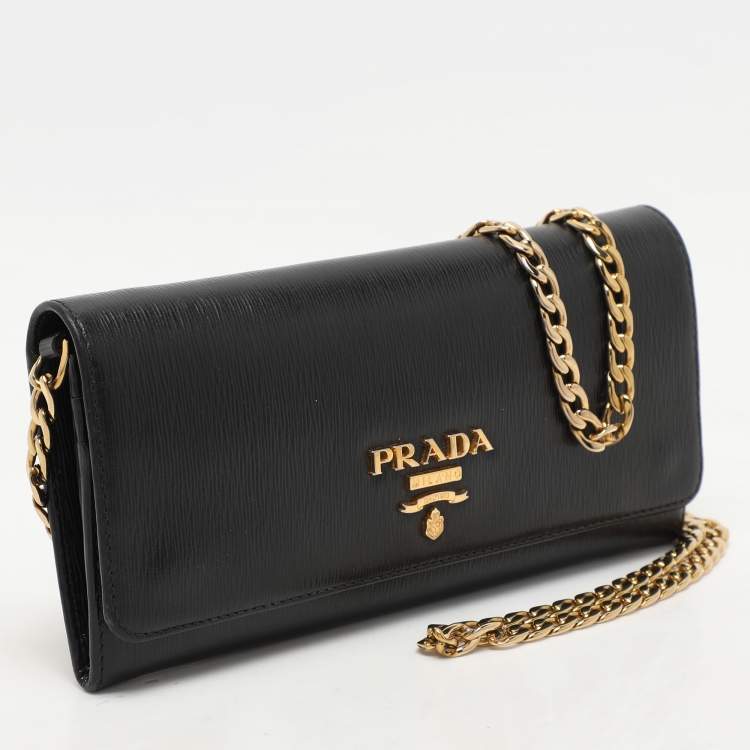 Pre Owned Prada Black Saffiano Move Leather Chain Wallet On Chain