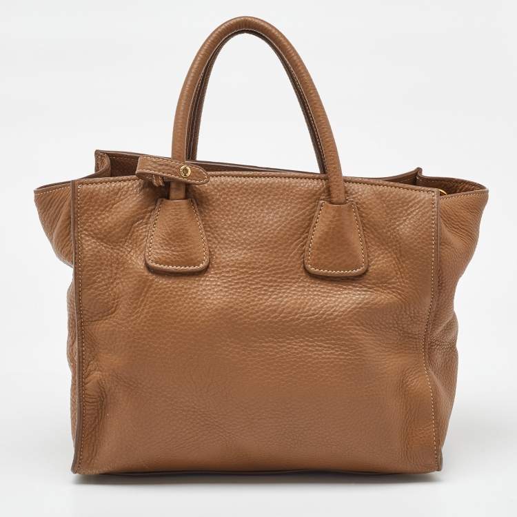 Pre Owned Prada Brown Leather Daino Front Pocket Tote