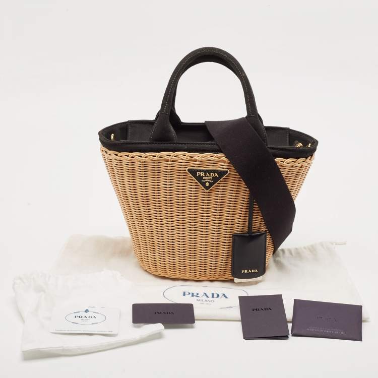 مملوكة مسبقًا Prada Black/Natural Wicker and Canvas Panier Bag