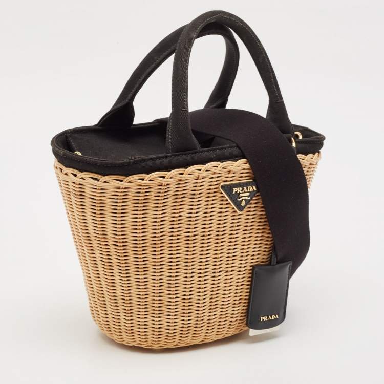 مملوكة مسبقًا Prada Black/Natural Wicker and Canvas Panier Bag