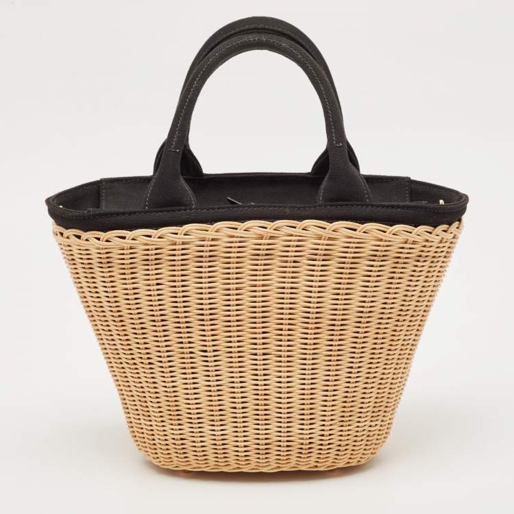 مملوكة مسبقًا Prada Black/Natural Wicker and Canvas Panier Bag