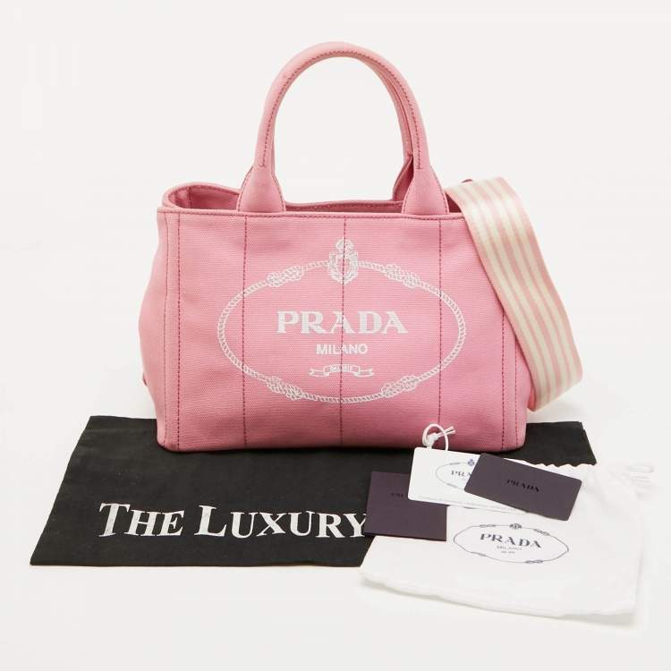 Pre Owned Prada Light Pink Canvas Logo Small Canapa Tote