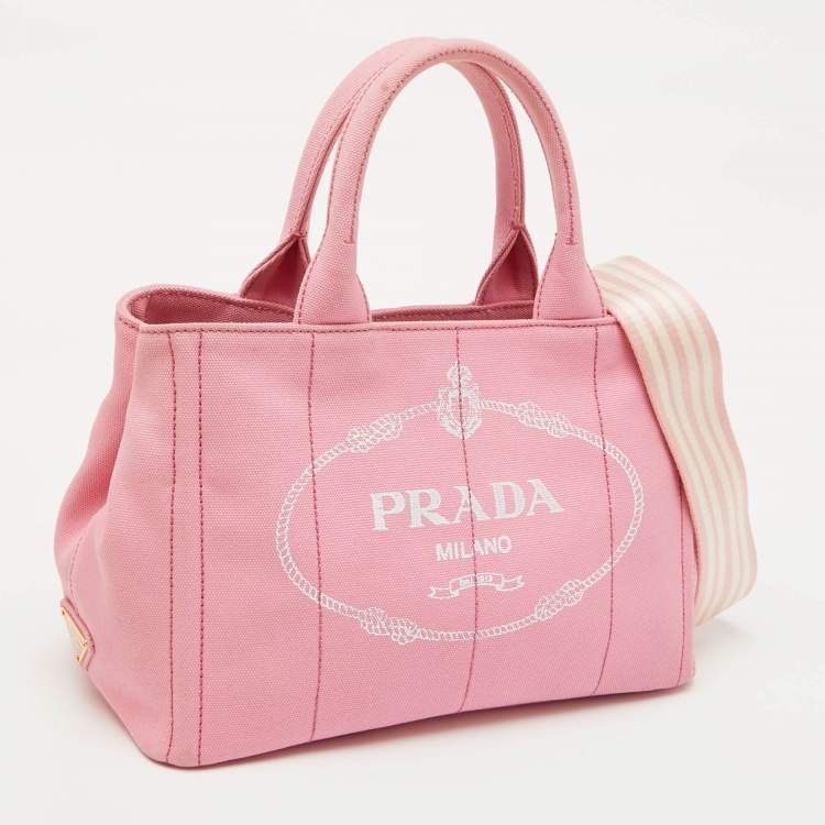 Pre Owned Prada Light Pink Canvas Logo Small Canapa Tote