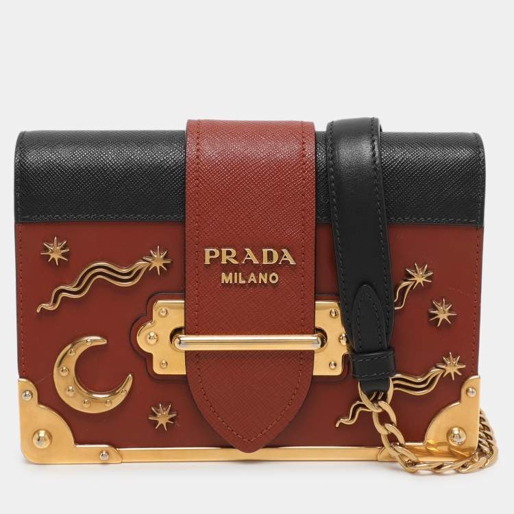 Pre Owned Prada Brick Red/Black Leather Astrology Celestial Cahier Crossbody Bag      