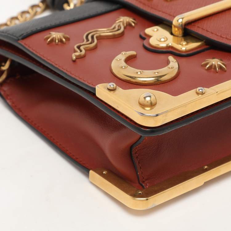 Pre Owned Prada Brick Red/Black Leather Astrology Celestial Cahier Crossbody Bag      