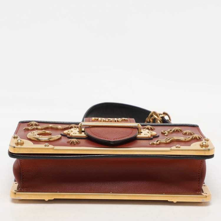 Pre Owned Prada Brick Red/Black Leather Astrology Celestial Cahier Crossbody Bag      