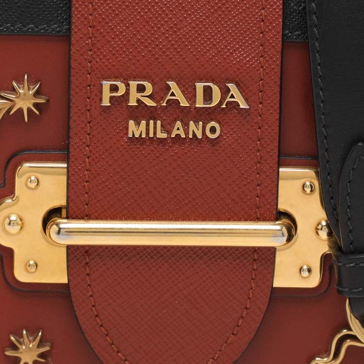 Pre Owned Prada Brick Red/Black Leather Astrology Celestial Cahier Crossbody Bag      