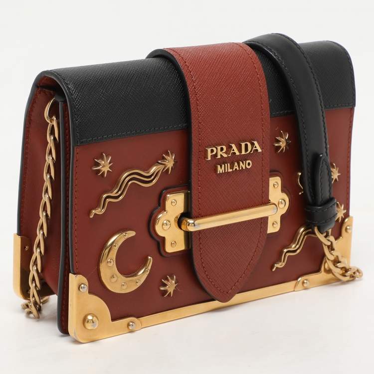 Pre Owned Prada Brick Red/Black Leather Astrology Celestial Cahier Crossbody Bag      