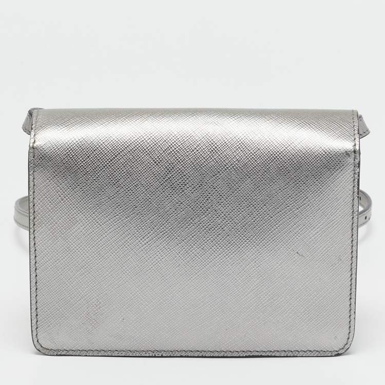 Pre Owned Prada Silver Saffiano Lux Leather Mini Flap Crossbody Bag