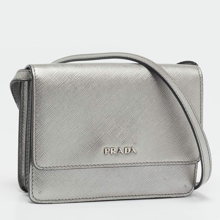 Pre Owned Prada Silver Saffiano Lux Leather Mini Flap Crossbody Bag