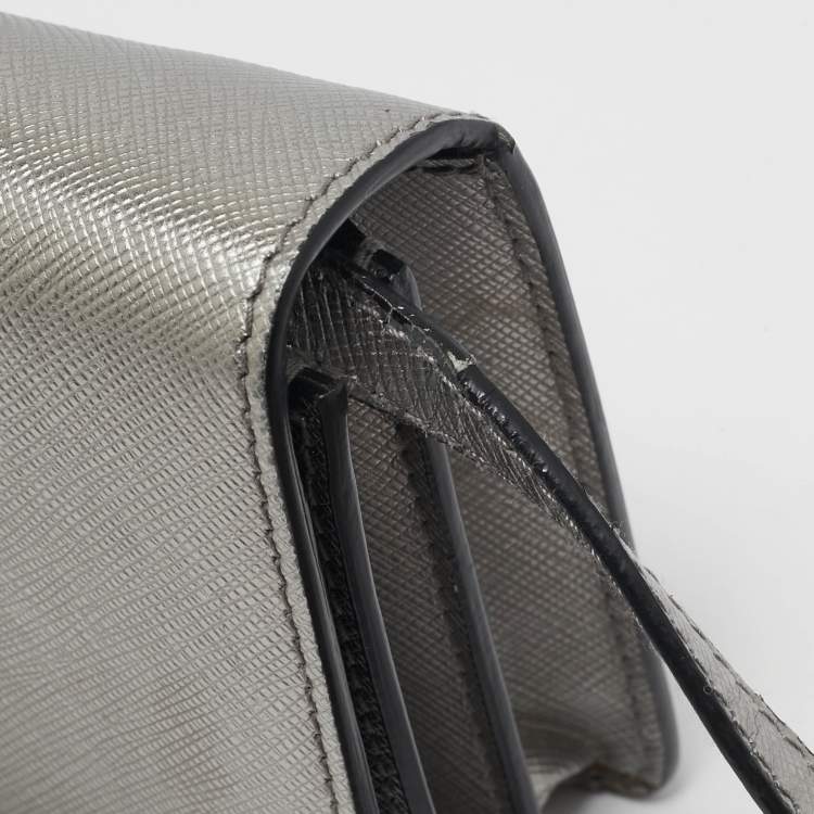 Pre Owned Prada Silver Saffiano Lux Leather Mini Flap Crossbody Bag