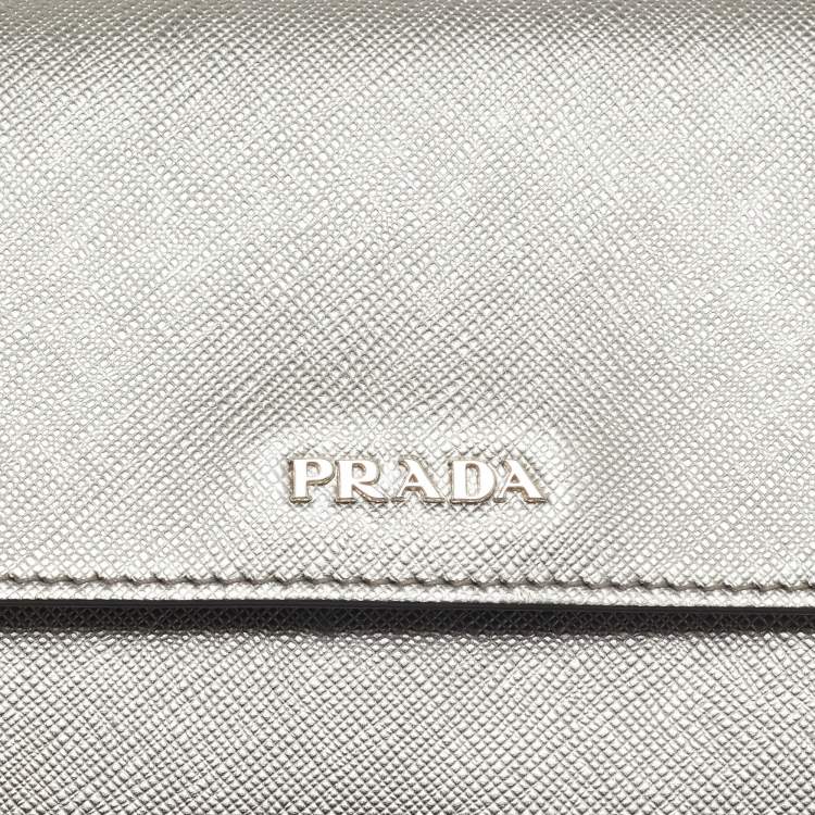 Pre Owned Prada Silver Saffiano Lux Leather Mini Flap Crossbody Bag