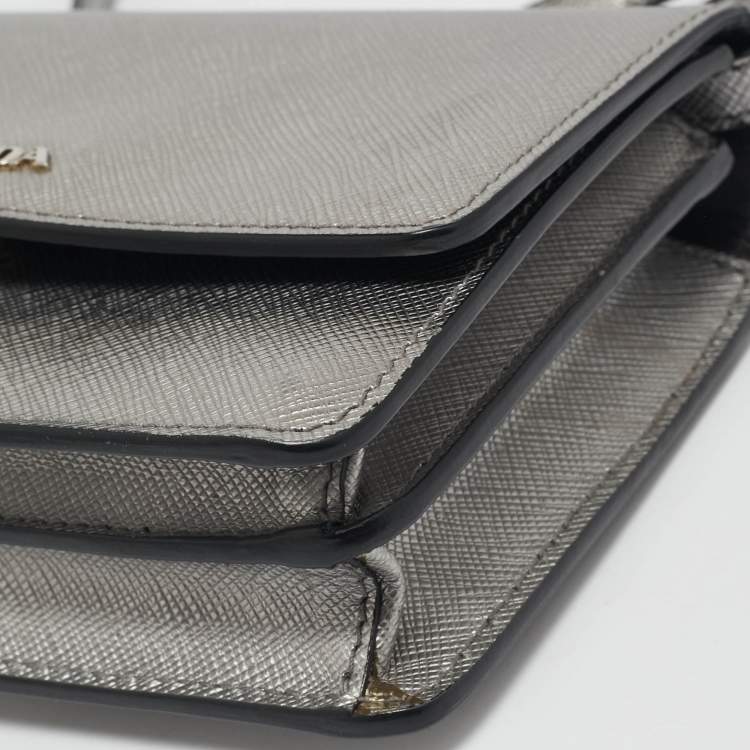 Pre Owned Prada Silver Saffiano Lux Leather Mini Flap Crossbody Bag