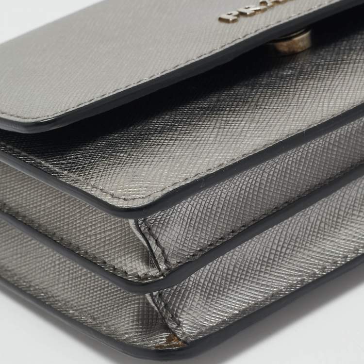 Pre Owned Prada Silver Saffiano Lux Leather Mini Flap Crossbody Bag