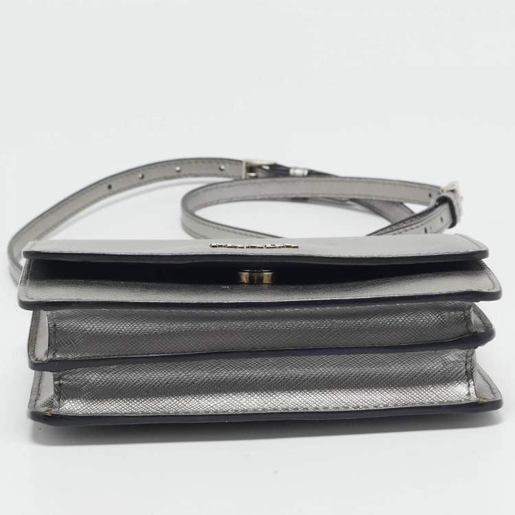 Pre Owned Prada Silver Saffiano Lux Leather Mini Flap Crossbody Bag