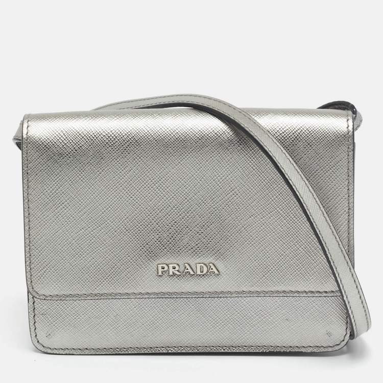 Pre Owned Prada Silver Saffiano Lux Leather Mini Flap Crossbody Bag