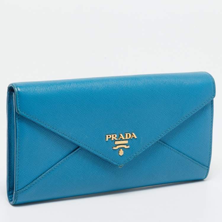 Pre Owned Prada Blue Saffiano Metal Leather Letter Continental Wallet