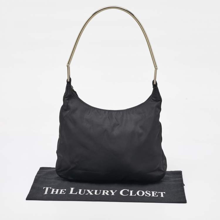 Pre Owned Prada Black Nylon Triangle Logo Metal Handle Hobo