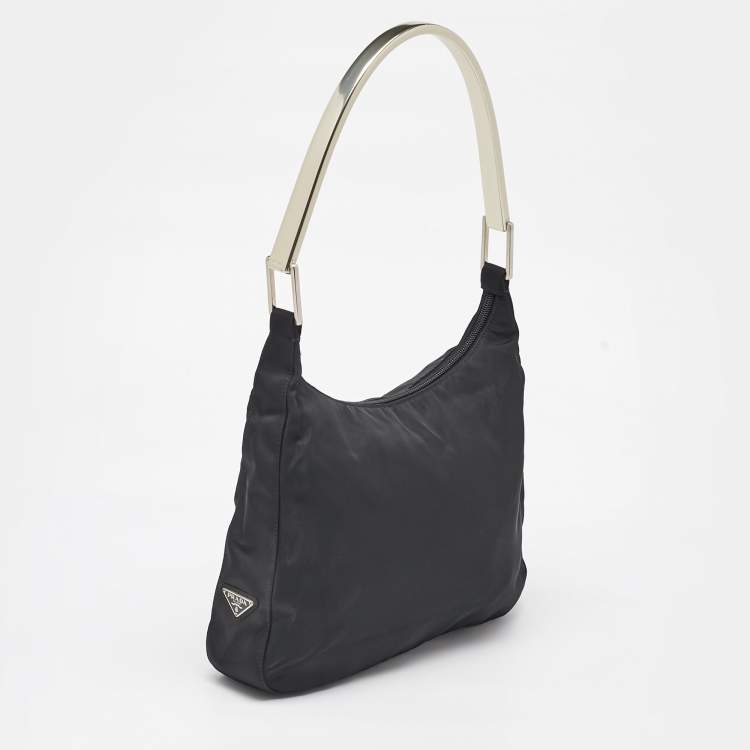 Pre Owned Prada Black Nylon Triangle Logo Metal Handle Hobo