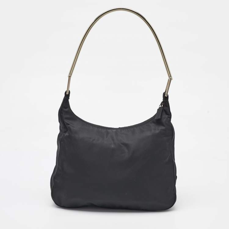 Pre Owned Prada Black Nylon Triangle Logo Metal Handle Hobo