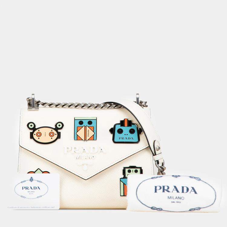Pre Owned Prada White Saffiano Leather Monochrome Robot Patches Envelope Chain Flap Bag