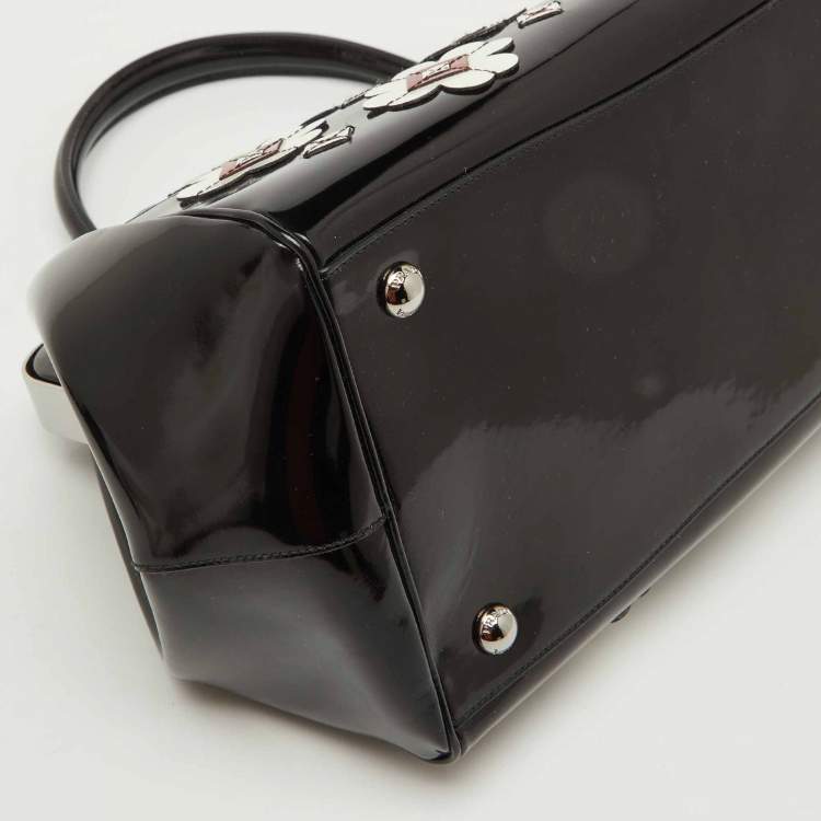 Pre Owned Prada Black Patent Leather Floral Applique Frame Doctor Top Handle Bag